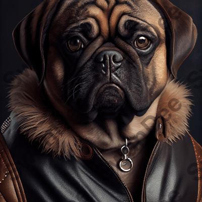 Pug wearing leather jacket - Dog Breed Portrai