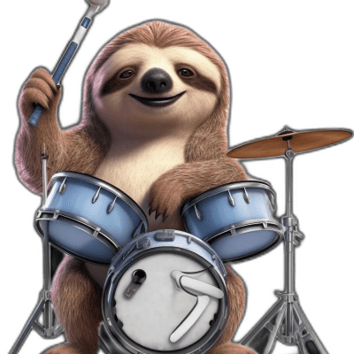 sloth wearing headphones playing drums