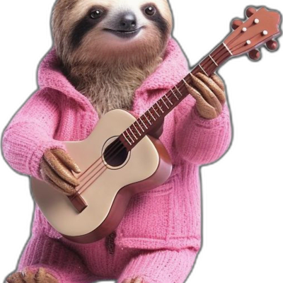 sloth wearing pink sweater playing ukulele