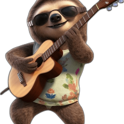 sloth wearing polarized sunglasses playing ukule
