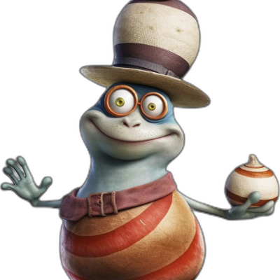 snail wearing hat juggling three balls sty