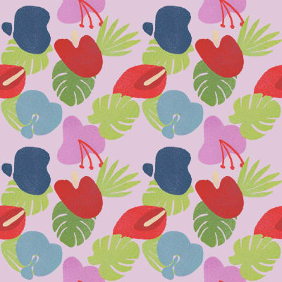 tropical flower illustration, repeating pattern, red, blue, pink, purple, green
