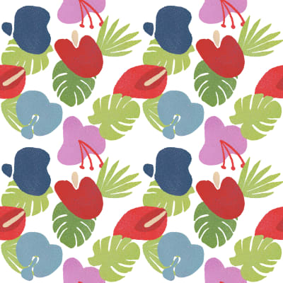 tropical flower illustration, repeating pattern, red, blue, pink, purple, blue, green, white