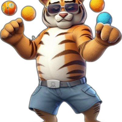 tiger wearing sunglasses practicing juggling