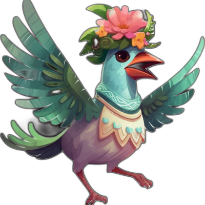 tropical bird wearing floral tiara dancing 
