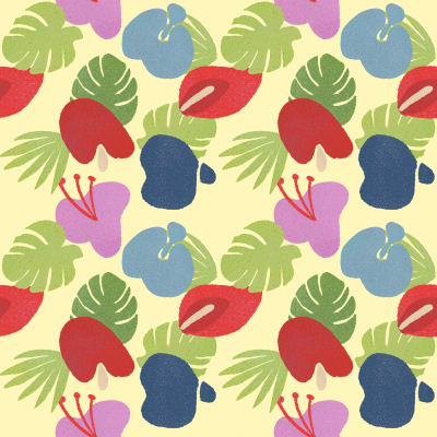 Tropical flower illustration, repeating pattern, red, blue, green, pink, blue, purple, white, yellow.
