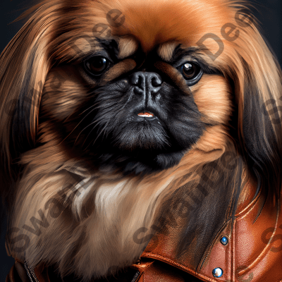 Pekingese wearing leather jacket - Dog Breed Portrait