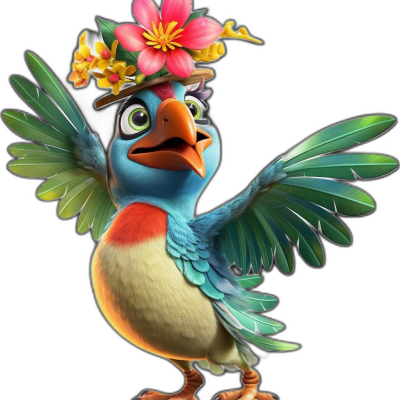 tropical bird wearing floral tiara dancing