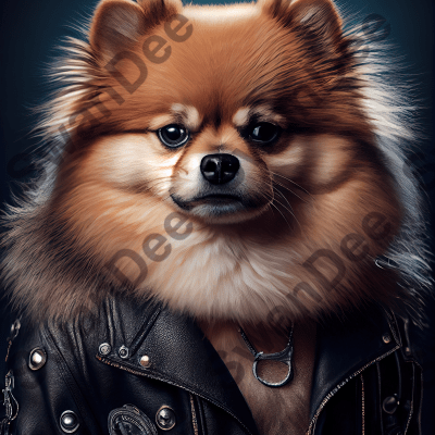 Pomeranian wearing leather jacket - Dog Breed Portrait