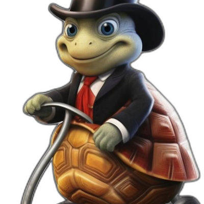 turtle wearing top hat driving scooter