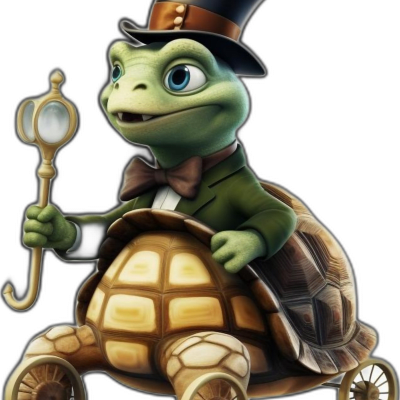 turtle wearing top hat driving scooter 