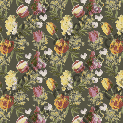 Spring Pink and Orange Tulips, Daffodils, Dill and Sweet Peas on Olive Green Background