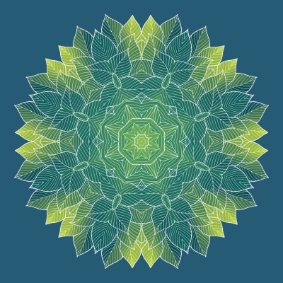 Blue green leaf pattern mandala with blue background