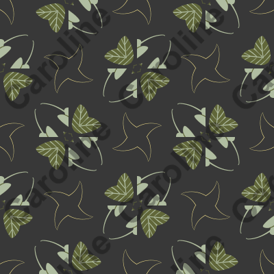 Brown, Light Sage Green and Yellow Nature Leaves Pattern on Black