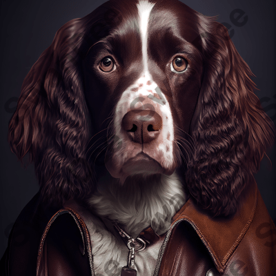 English Springer Spaniel Dog wearing leather jacket - Dog Breed Portrait