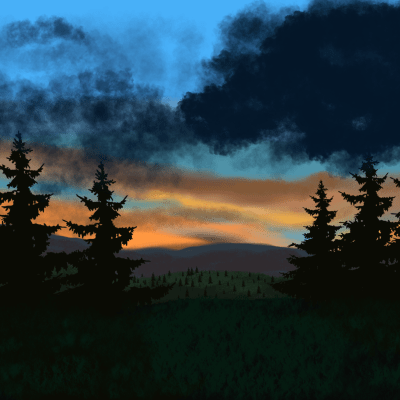 Dark Woods Sunset mountains grass pine trees
