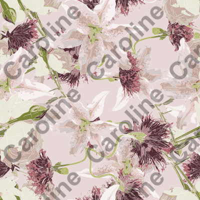 Blush and Pink Lily Pattern with Black Swan Deep Burgundy Poppies
