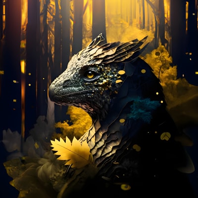 "Fantasy Creature in a Jungle - Dark and Yellow Theme, Digital Art, Dragon-like Appearance - Perfect for Adventure and Mythology Lovers."