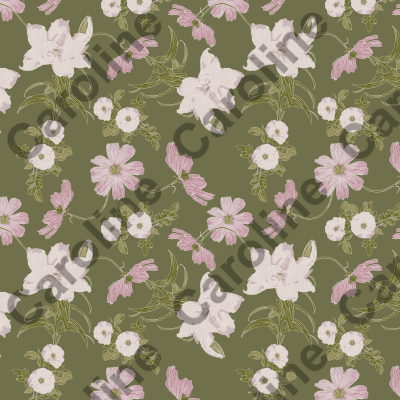 Pink Cosmos, Roses and Double Lily Pattern on Olive Green