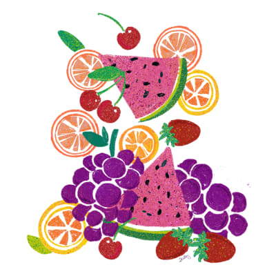 Melon and friends illustration, grapes, cherry, strawberry, orange, watermelon, pink, purple, red, yellow, orange, green, white.