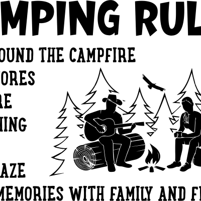 CAMPING RULES    sit around the campfire, eat s'mores, explore, go fishing, swim, star gaze, make memories with family and friends