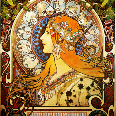 LA PLUME Zodiac Calendar Alphonse Mucha Art Nouveau Vintage Poster