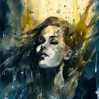 Watercolor Art Print - Woman Underwater
