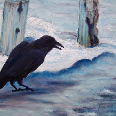 Raven in the snow (oil painting)