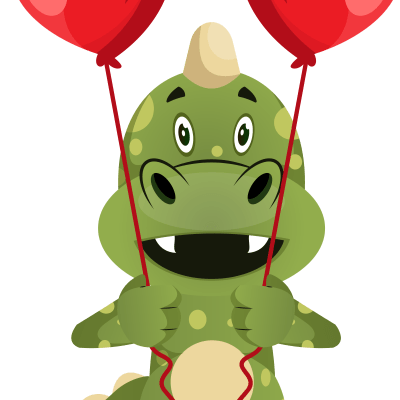 Green dragon is holding heart balloons