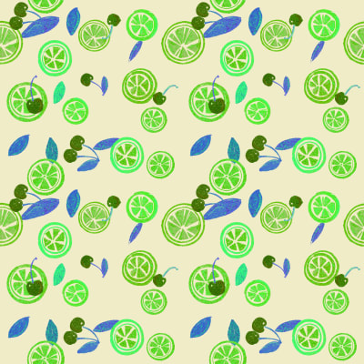 Citrus and cherries print, repeating pattern, orange, red, pink, green, white, blue.
