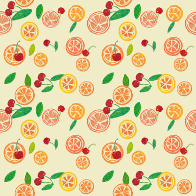 Citrus and cherries print, repeating pattern, orange, red, pink, green, white, blue.