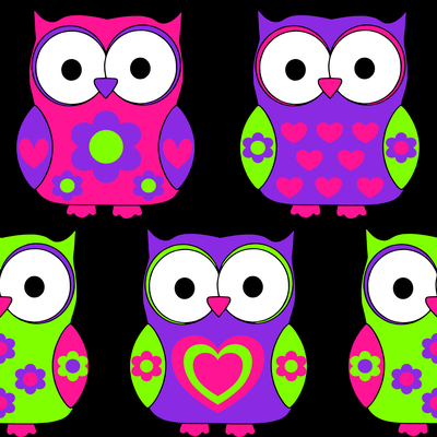 Cute owls in neon colors, retro owls from 80s