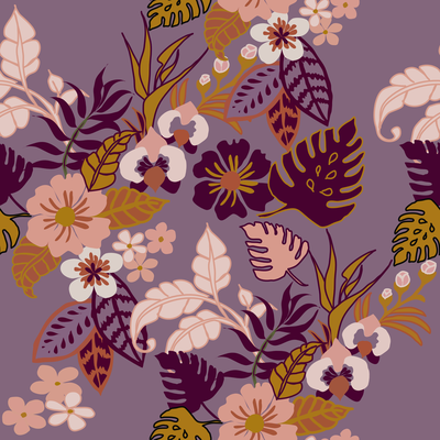 Tropical floral pattern, tropical leaves and flowes on purple