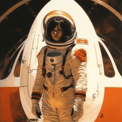 Woman Astronaut with a Ship in the Background