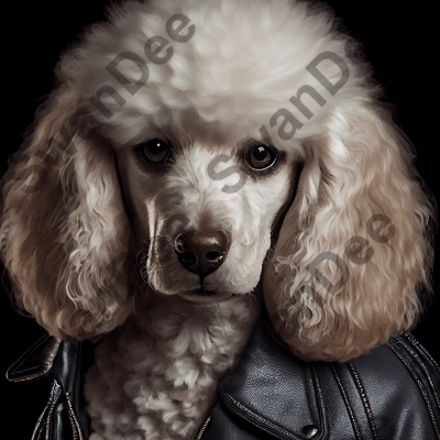 White Poodle wearing leather jacket - Dog Breed Portrait