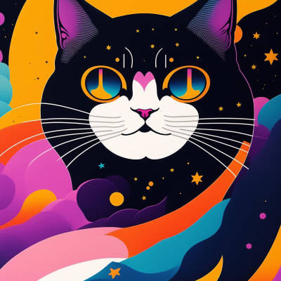 A cat face with colorful eyes with yellow stars and black and colorful background.